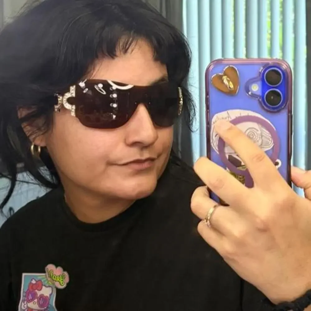 Brown shield sunglasses featuring oversized rimless lenses rhinestone luxe y2k